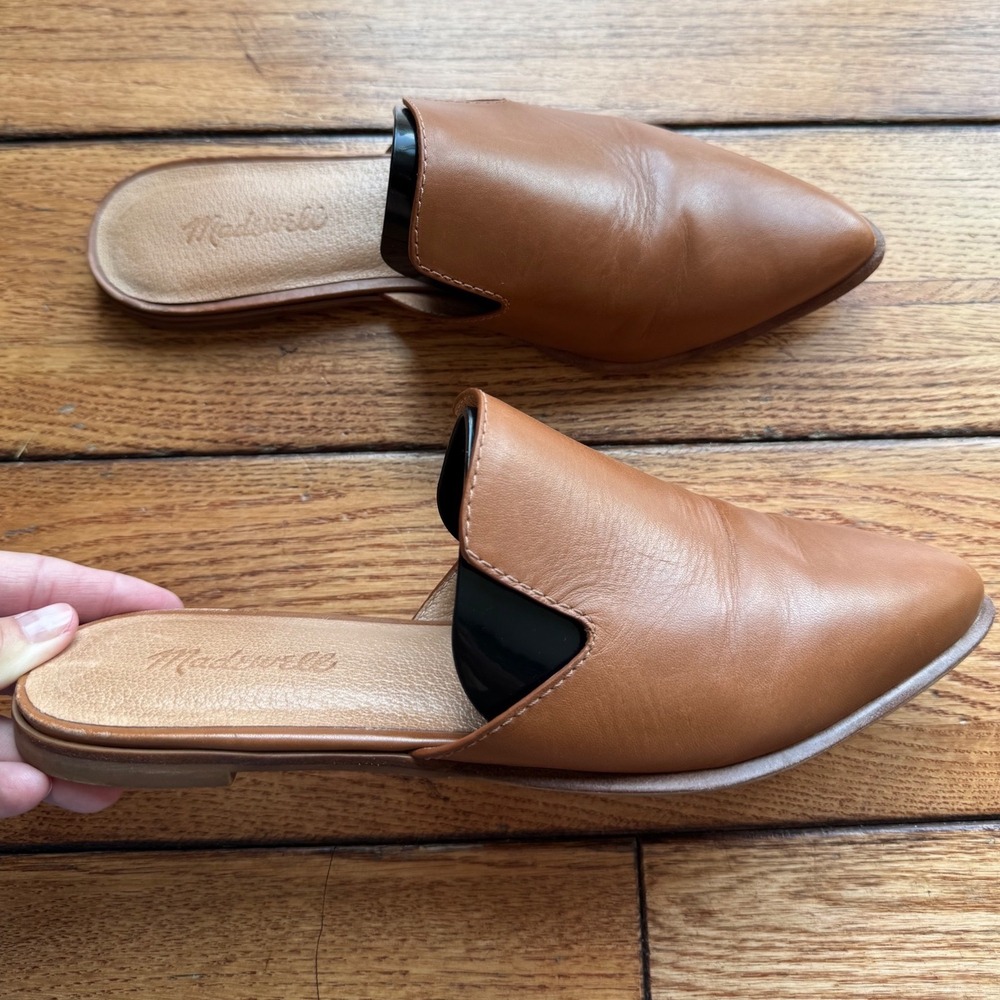 Madewell Gemma Mules Women 8M Brown Leather Pointed Toe Flat Slip On Boho Preppy